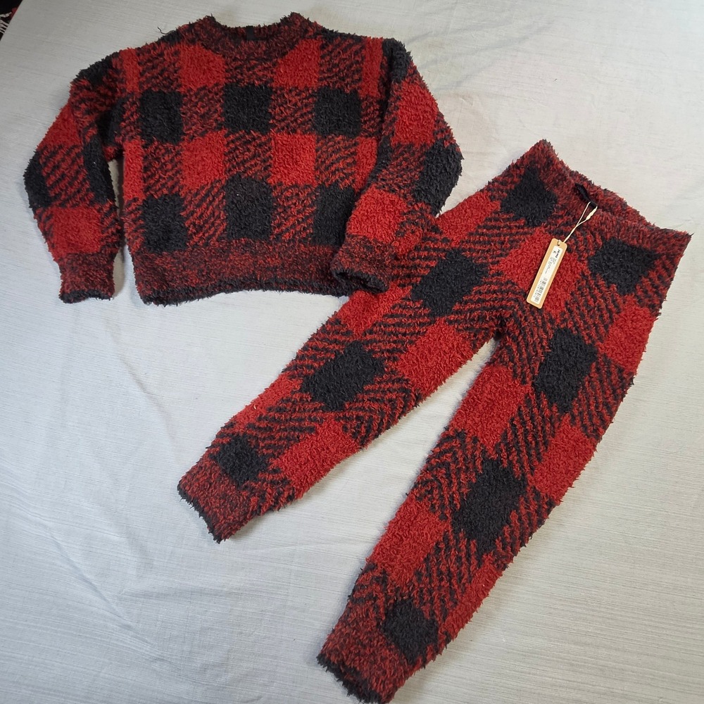 SKIMS Kids Cozy Knit Set Red Black Buffalo Check Sweater Leggings 2T 3T NEW